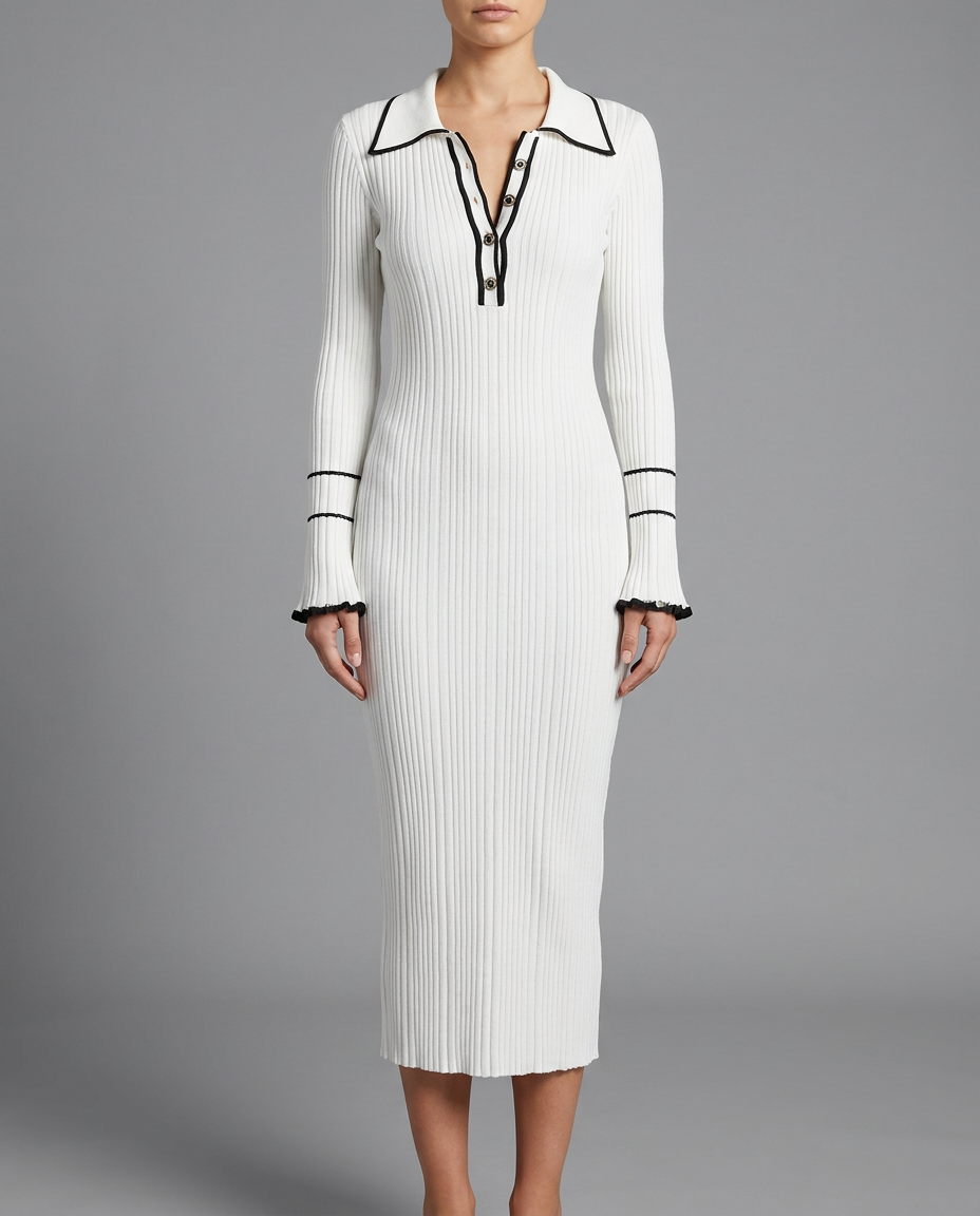 Ribbed Polo Midi Knitted Dress