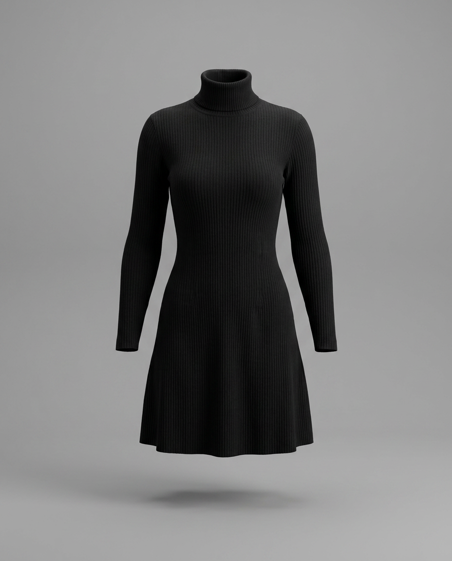Black Ribbed Roll Neck Mini Knitted Dress