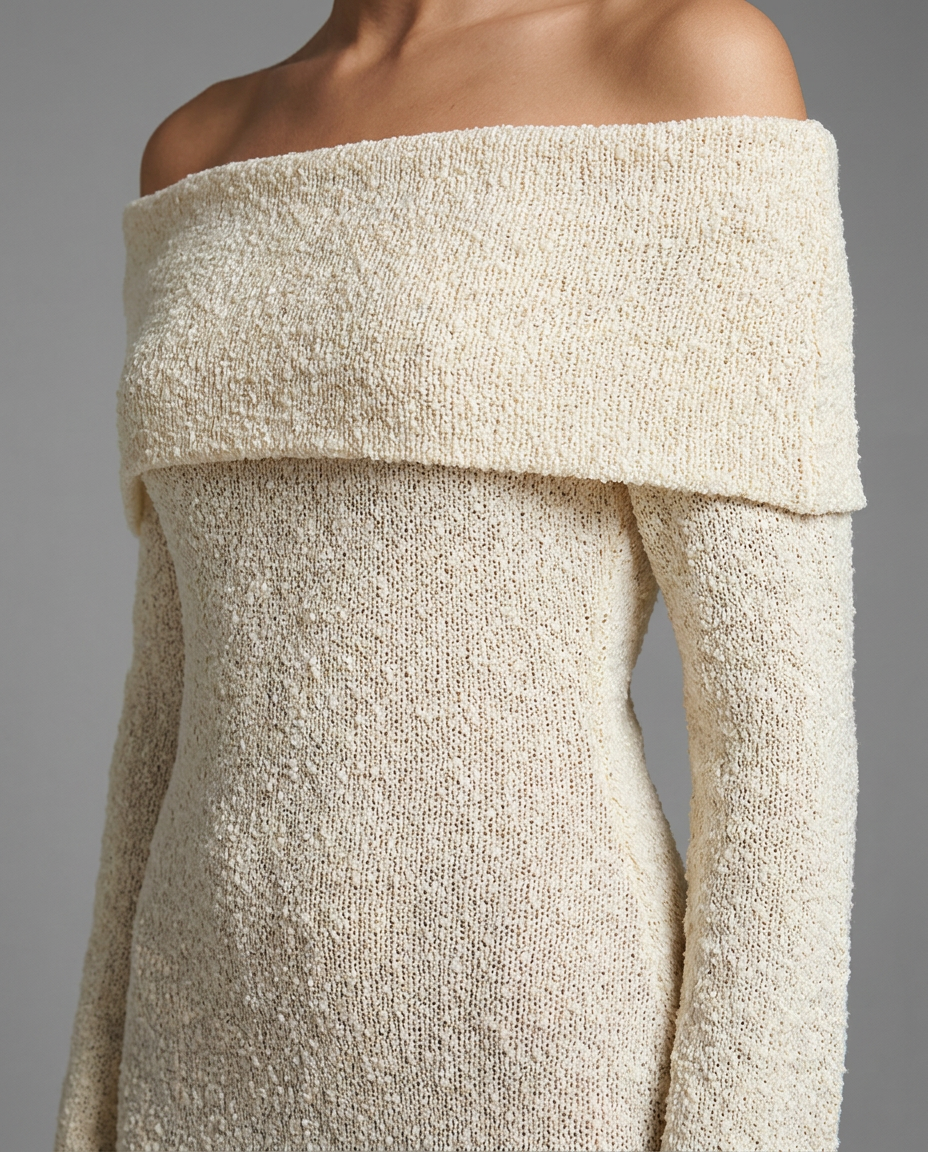 Cream Off-Shoulder Maxi Knitted Dress