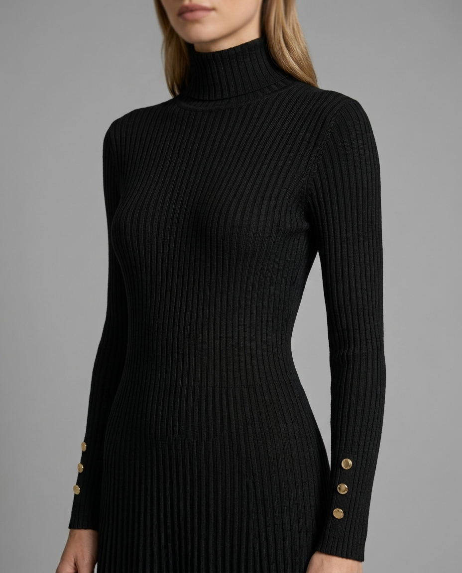 Roll Neck Pleated Midi Jumper Knitted Dress