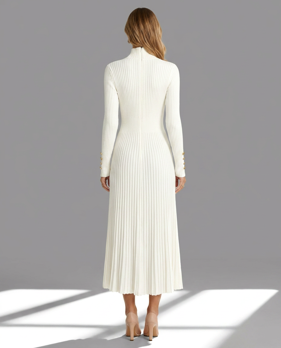 Roll Neck Pleated Midi Jumper Knitted Dress