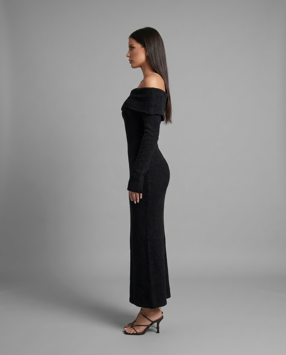 Off-Shoulder Textured Midi Jumper Knitted Dress