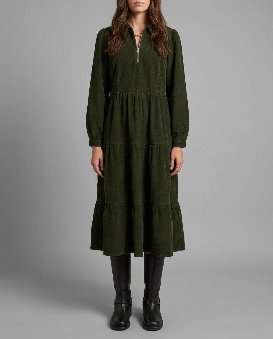 Khaki Tiered Corduroy Midi Dress