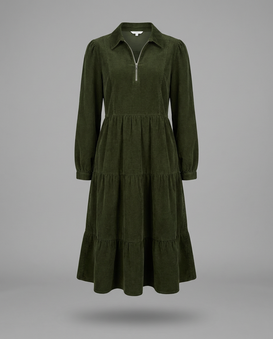 Khaki Tiered Corduroy Midi Dress