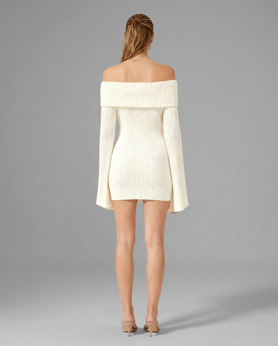 Cream Off-Shoulder Mini Knitted Dress