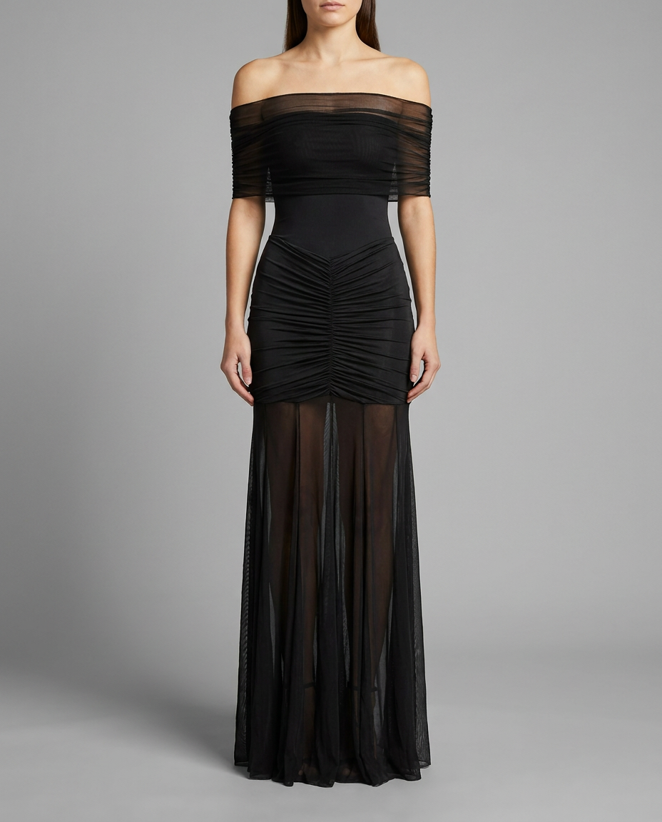 Black Off-Shoulder Mesh Maxi Dress