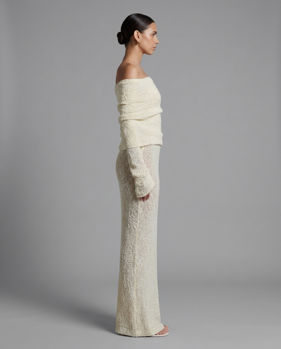 Cream Off-Shoulder Maxi Knitted Dress