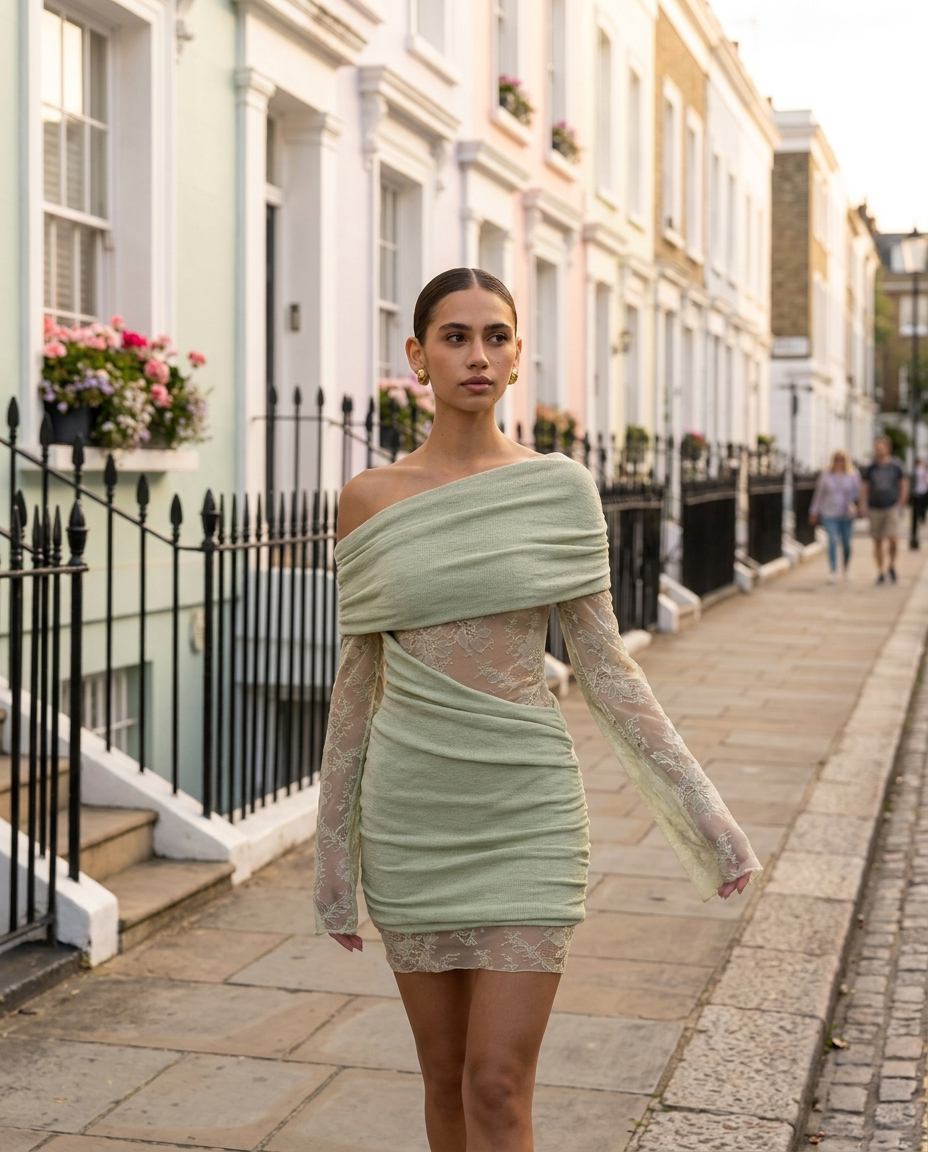 Pastel Green Lace Off-Shoulder Mini Dress