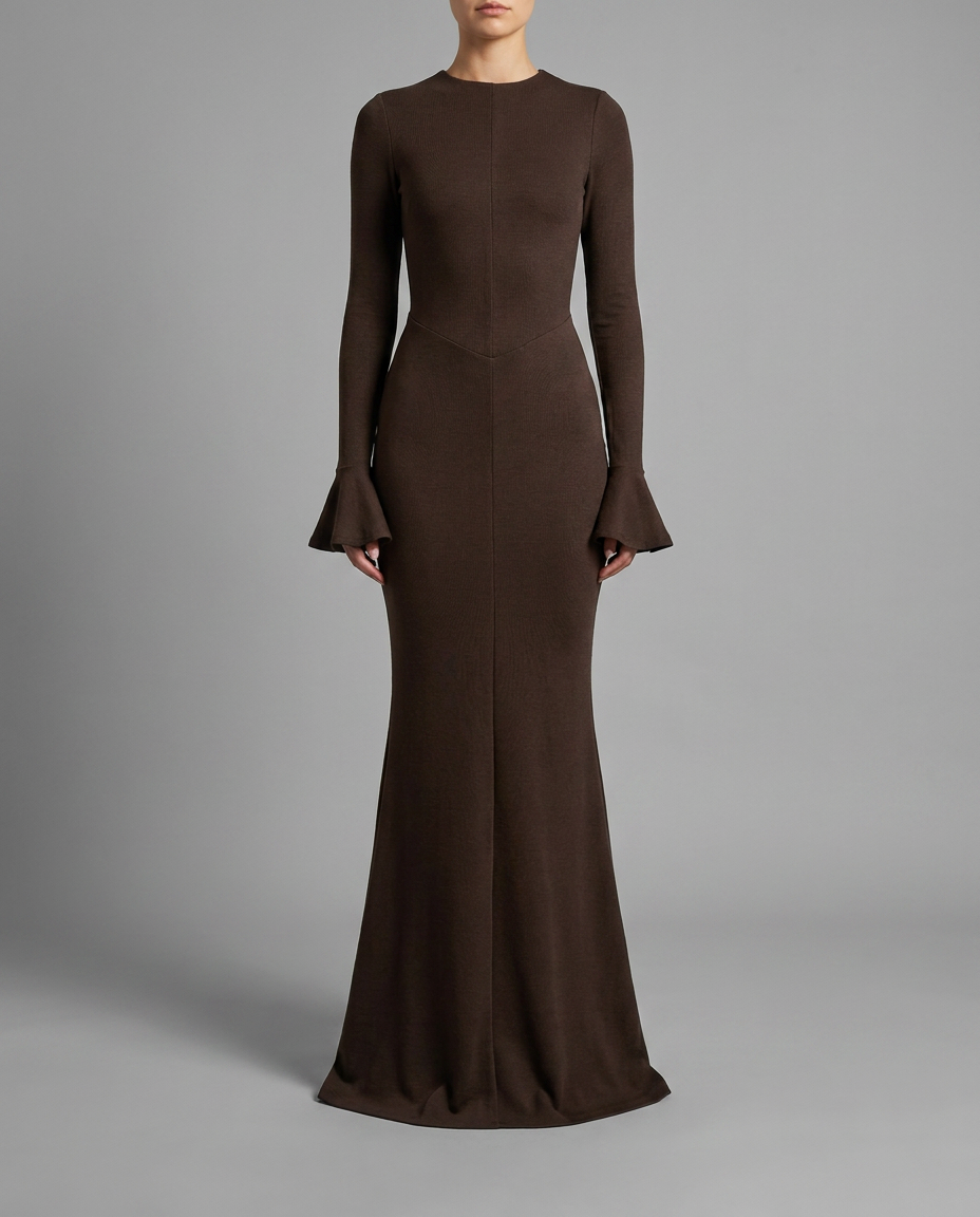 Chocolate Fluted Sleeve Maxi Knitted Dress