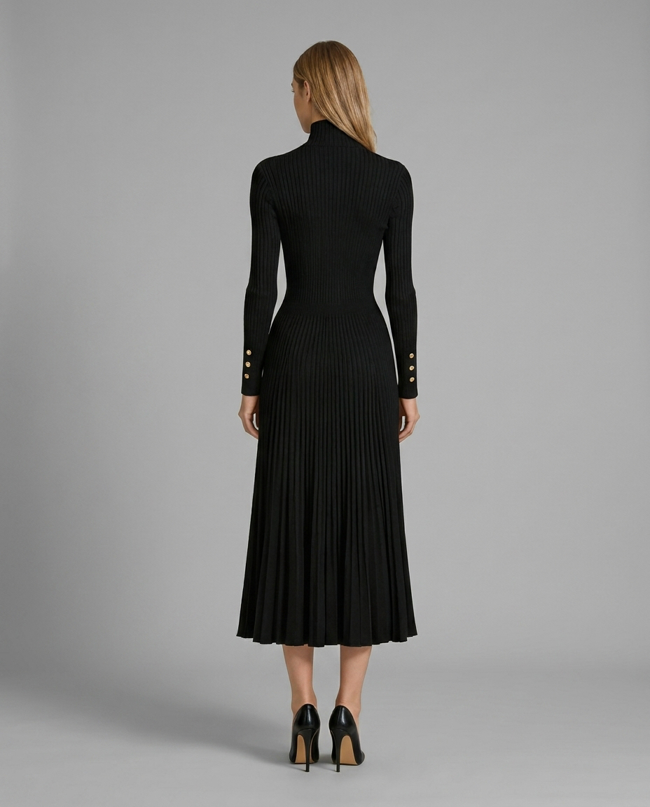 Roll Neck Pleated Midi Jumper Knitted Dress