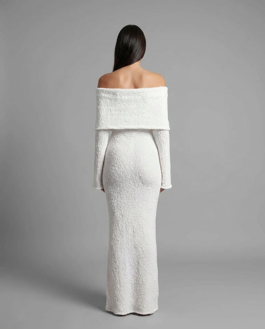 Off-Shoulder Textured Midi Jumper Knitted Dress