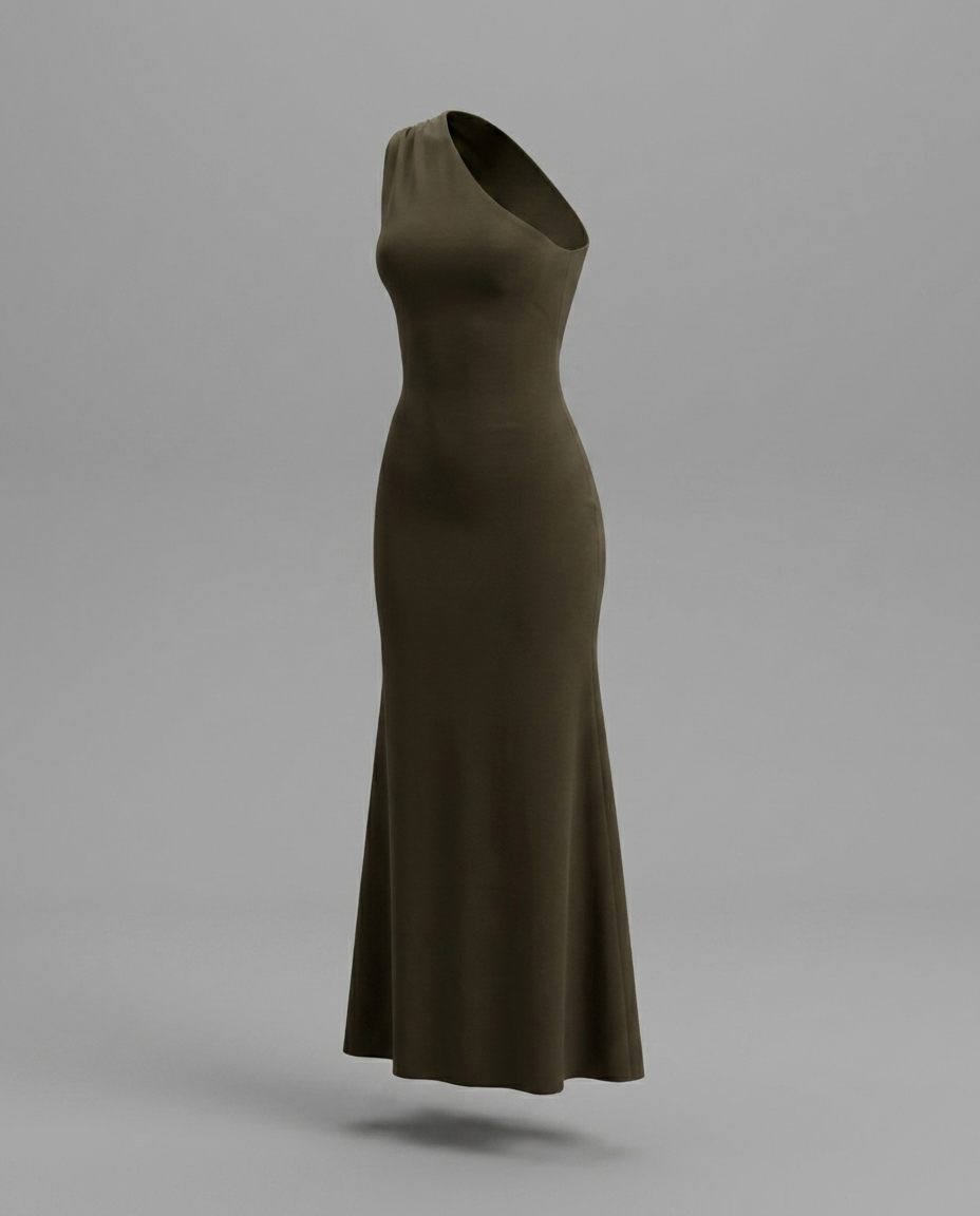 Brown One-Shoulder Bodycon Maxi Dress