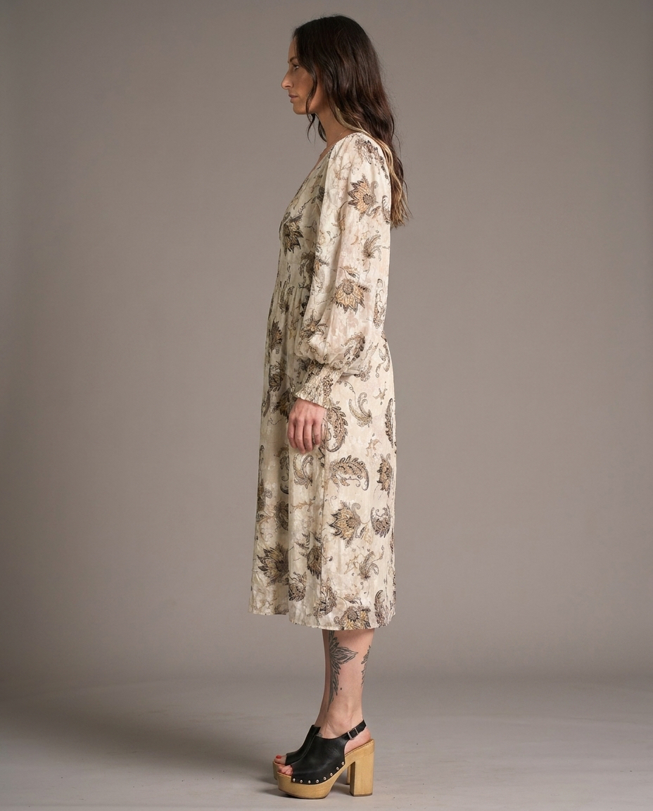 Cream Paisley Cold-Shoulder Midi Dress