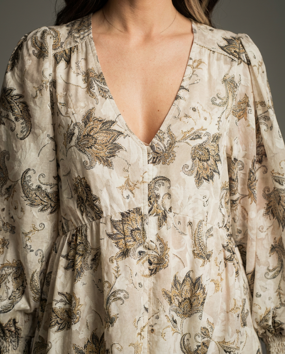 Cream Paisley Cold-Shoulder Midi Dress
